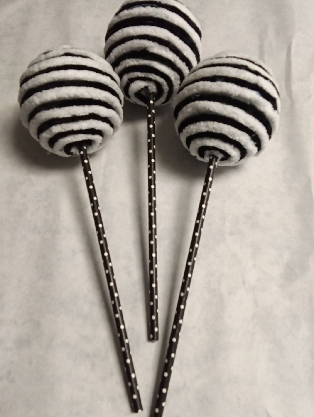 Hand Crafted 3" Ball Black and White Striped Chenille Picks - Set of 3
